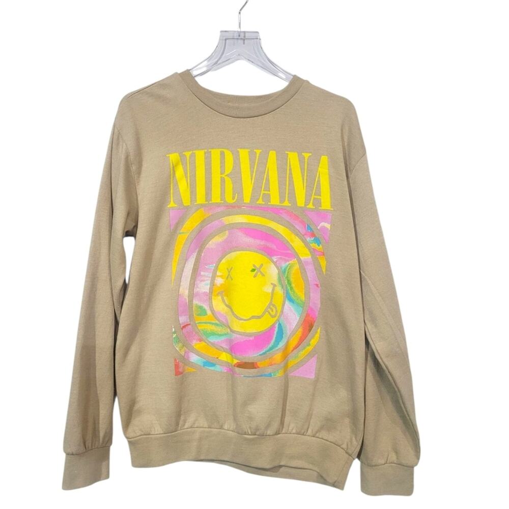 Nirvana WMS LG Graphic Sweatshirt Melting Smiley Face Psychedellic Oversized Tan